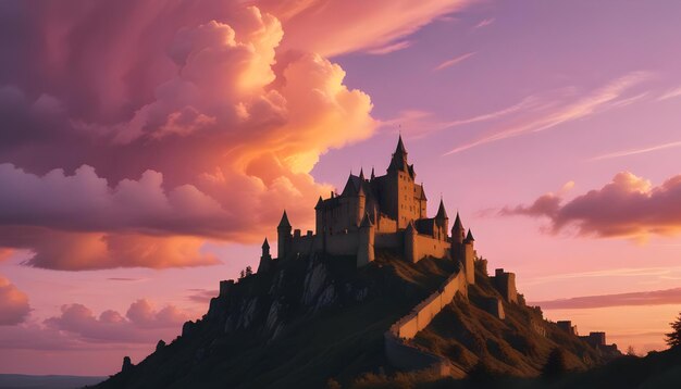 Castle Silhouette Vibrant Pink and Orange Sunset Sky Over Hilltop