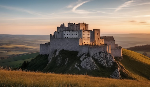 a castle sits on a cliff with a sunset in the background