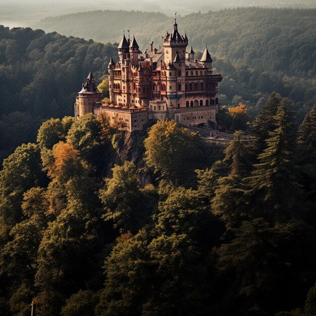 Photo a castle sits on a mountain with trees in the background