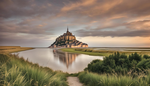 a castle sits on the shore of a lake with a sunset in the background