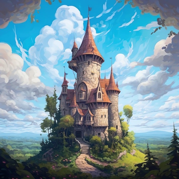 A castle in the sky with clouds and a blue sky