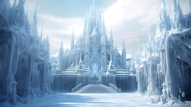 A castle in the sky with a frozen lake