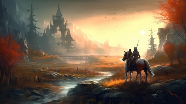 A castle in the sky with a knight on a horse