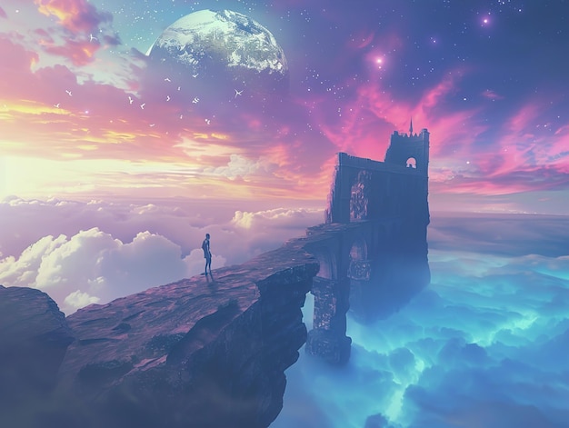 Photo a castle on the sky with a man standing on a cliff