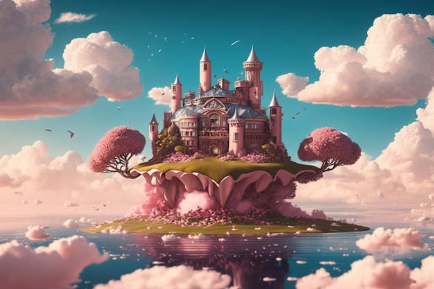 A castle on a small island with a pink castle on it