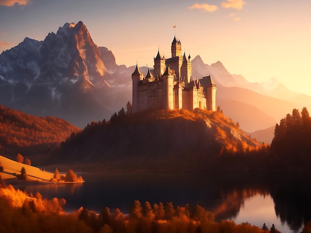 Castle surrounded by mountains landscape with golden hour atmosphere wallpaper generated ai