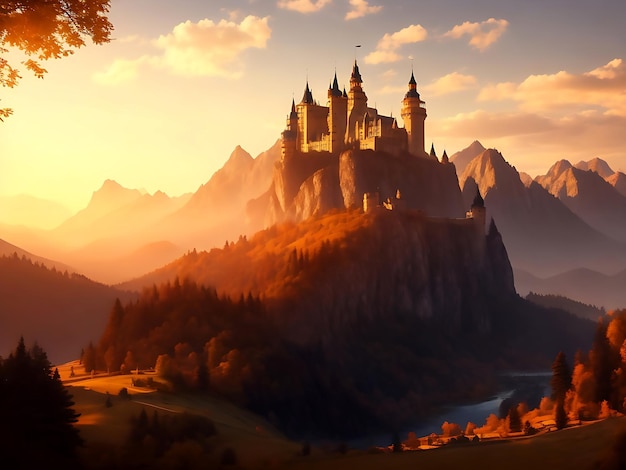 Castle surrounded by mountains landscape with golden hour atmosphere wallpaper generated ai