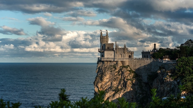 Castle Swallow's Nest on the cliff over the Black Sea close-up, Crimea, Yalta. One of the most popular tourist attraction of Crimea.