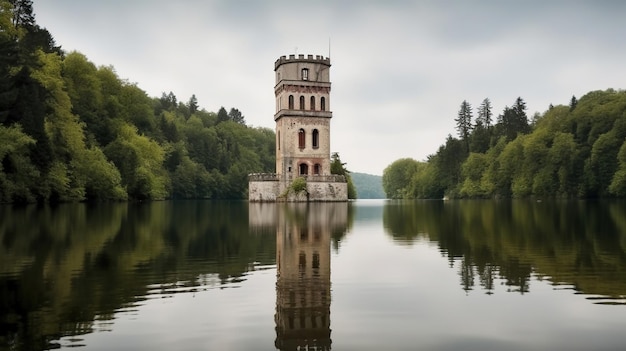 A castle tower on a lake with trees in the background