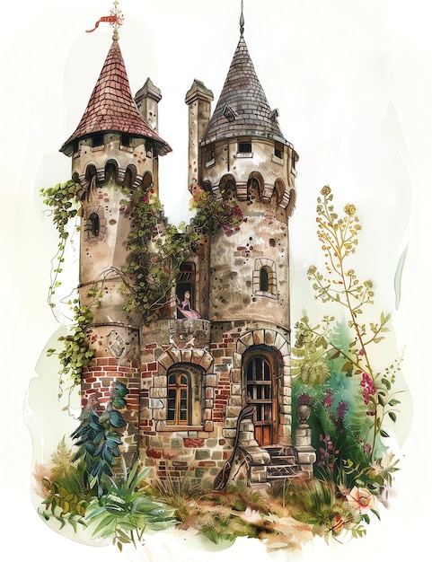 A castle tower with a princess inside medival page Junk Journal