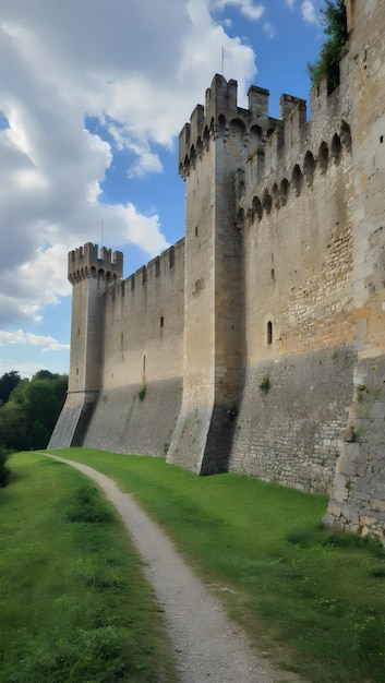 a castle wall with a green grass and a blue sky with clouds