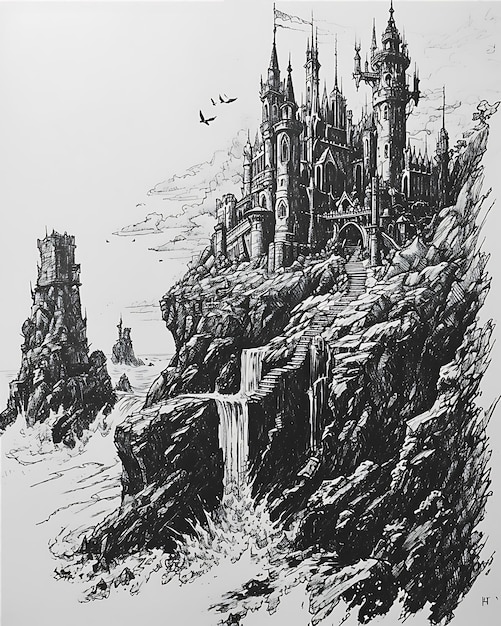 Castle and Waterfall Drawing Black White