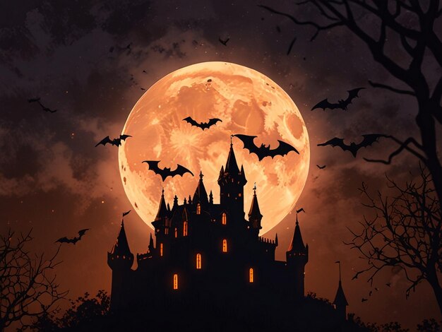 a castle with bats flying in front of a full moon