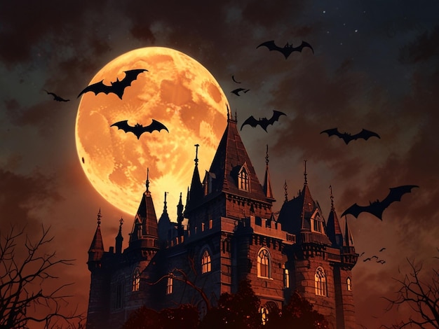 a castle with bats flying in front of a full moon