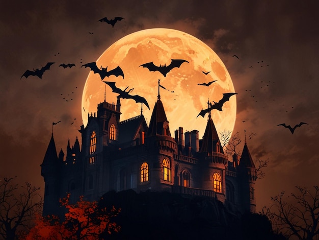 a castle with bats flying in front of a full moon