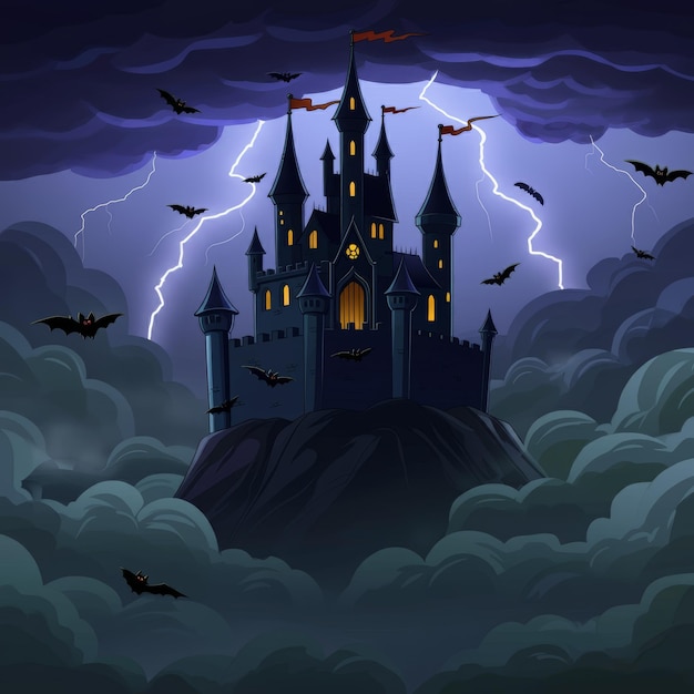 Photo a castle with bats flying in the sky and the words  bats  on the top