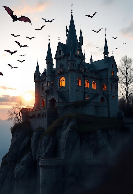 Photo a castle with birds flying around it and a sunset in the background