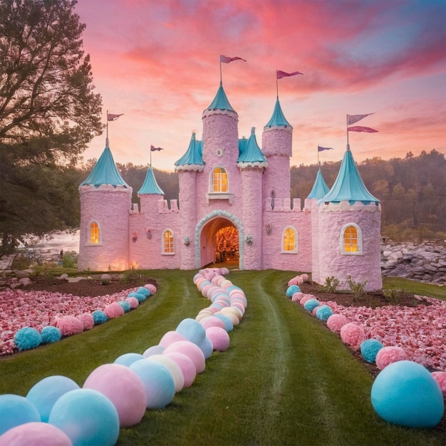 Photo a castle with blue balls in the grass and a pink sky with the words quot the castle quot on the