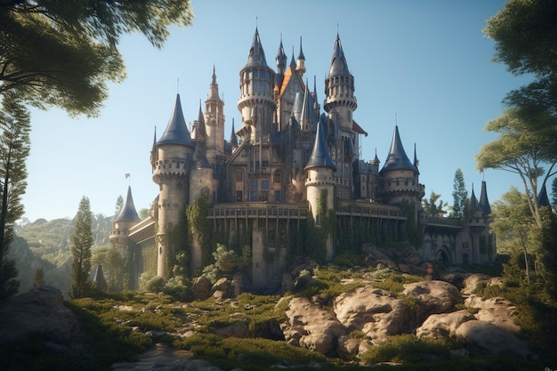 A castle with a blue sky and trees in the background