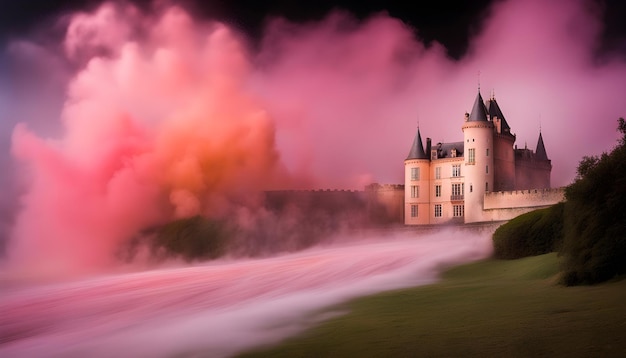 Photo a castle with a castle on the front and a pink cloud in the background