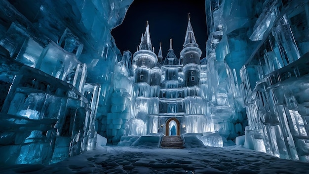 Photo a castle with a castle on the top and a frozen water in the background