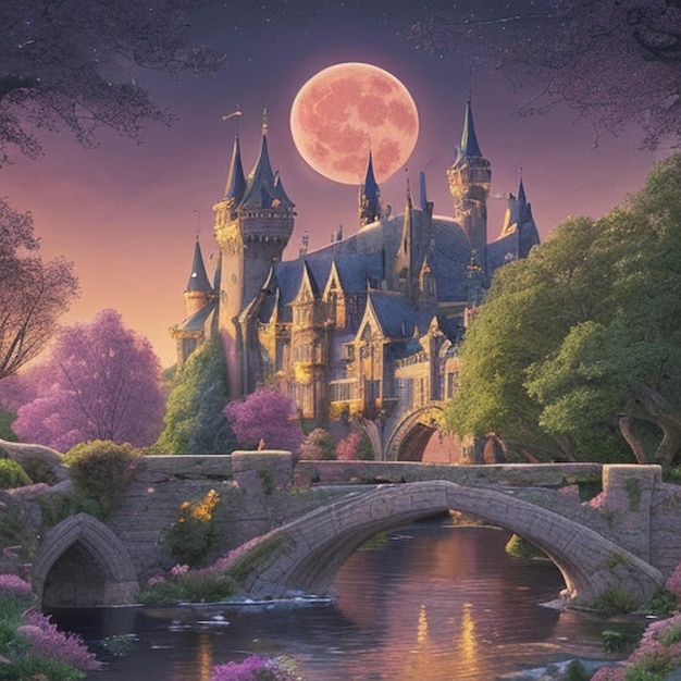 a castle with a castle on the top and a pink moon in the background