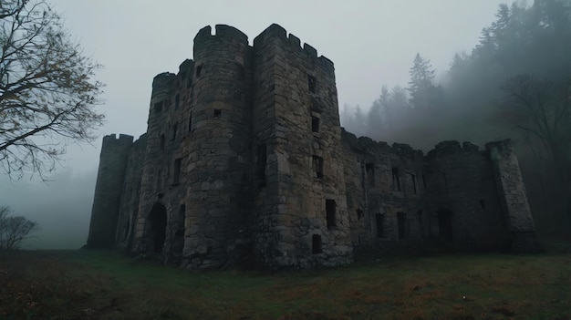 Photo a castle with a foggy forest in the background