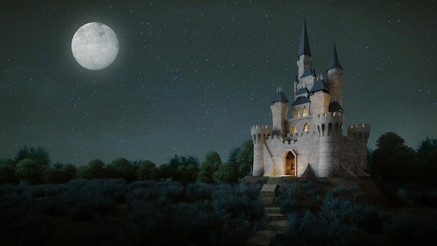 Castle  with fullmoon in night sky