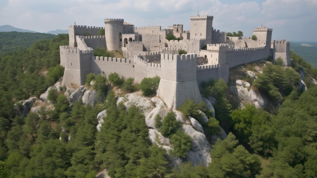 A castle with a hill in the background