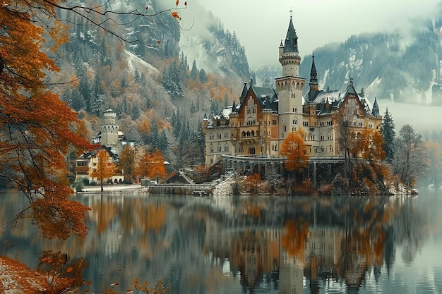 a castle with a lake in the background and a reflection of the mountains in the water