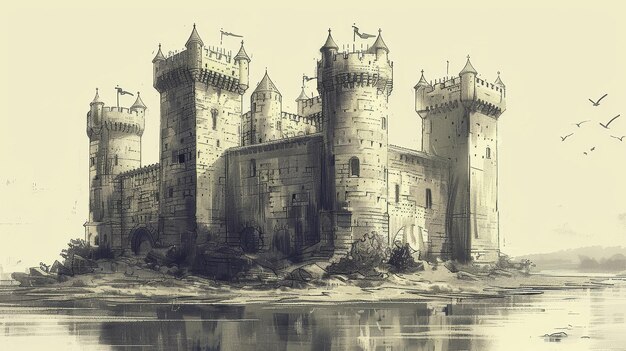 Photo a castle with a large tower and a small tower the castle is surrounded by water the castle is old an