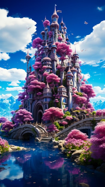 Castle with lot of pink flowers on top of it Generative AI