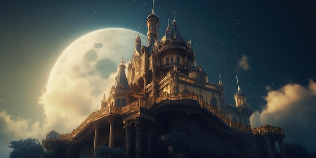 A castle with the moon behind it