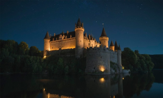 Photo a castle with a night sky and a lake in the background