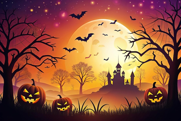 a castle with pumpkins and bats in front of a full moon