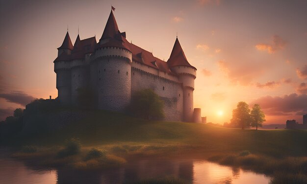 a castle with a sunset behind it