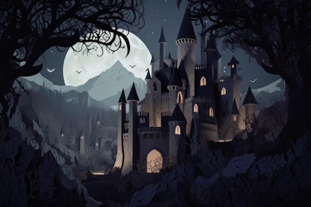 A castle in the woods with a full moon in the background.