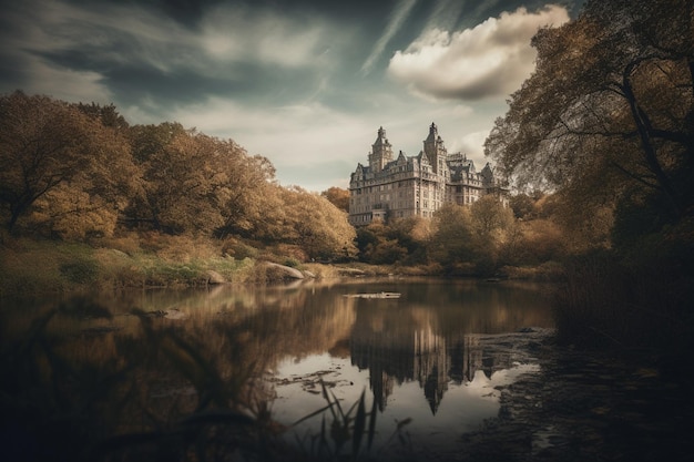 A castle in the woods with the trees in the background