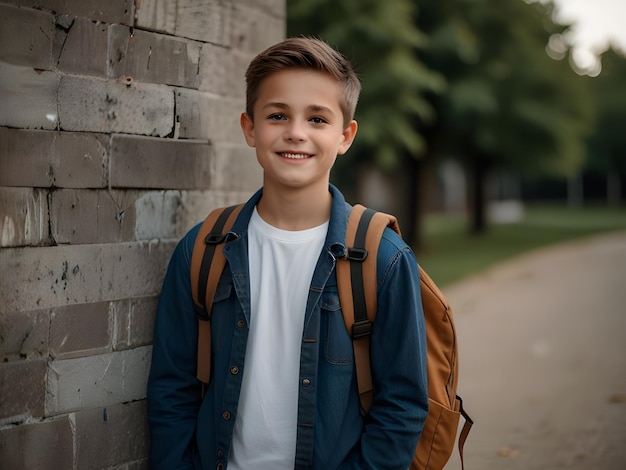 a casual boy with backpack looking at the camer