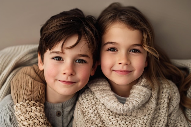 Casual Brother and Sister in Light Taupe Attire Lifestyle Background Perfect for Comfortable and Modern Family Portraits