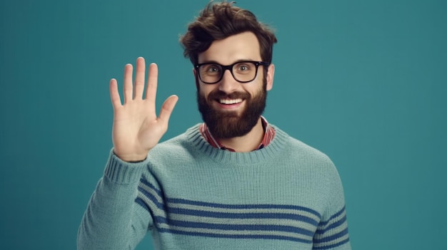 Casual Charm Bearded Young Man in Sweater and Glasses Greeting with a Smile on Blue BackgroundxA