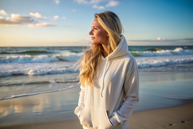 Photo casual chic blonde woman stands facing the ocean