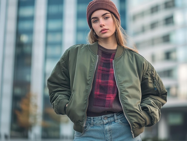 Photo casual chic look featuring a stylish bomber jacket