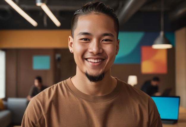 Casual man in a brown shirt smiling with a tablet innovative workspace and teamwork in the