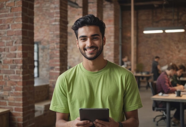 Casual man holding a digital tablet in a brick office