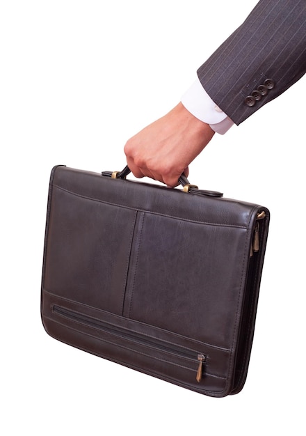 Casual Man holding in hand a briefcase Isolated on white background With clipping path included