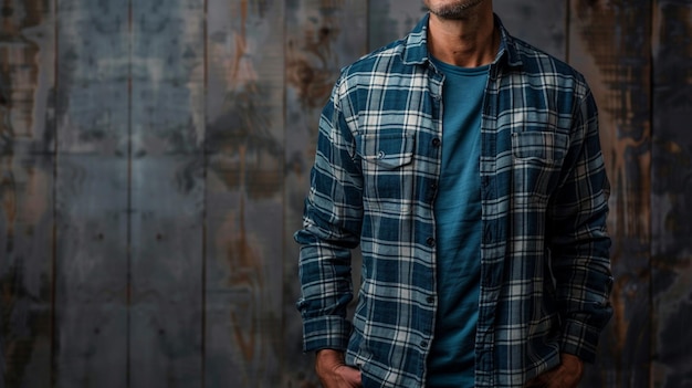 Casual Mens Shirt Fashion Standing Wooden Background Image