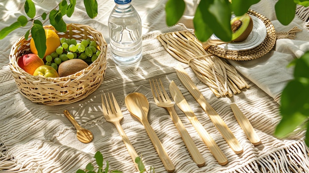 A casual picnicstyle cutlery set made of biodegradable bamboo placed on a woven picnic blanket