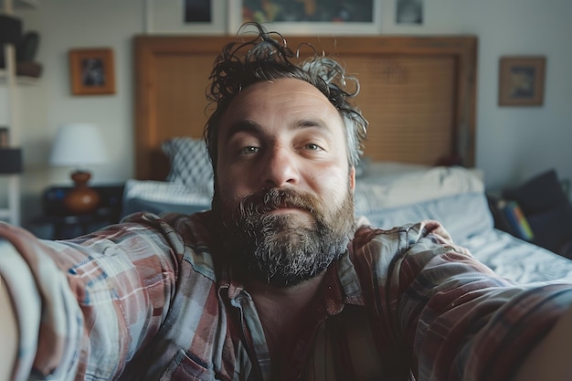 Casual Selfie of a Bearded Man in a Cozy Bedroom Setting