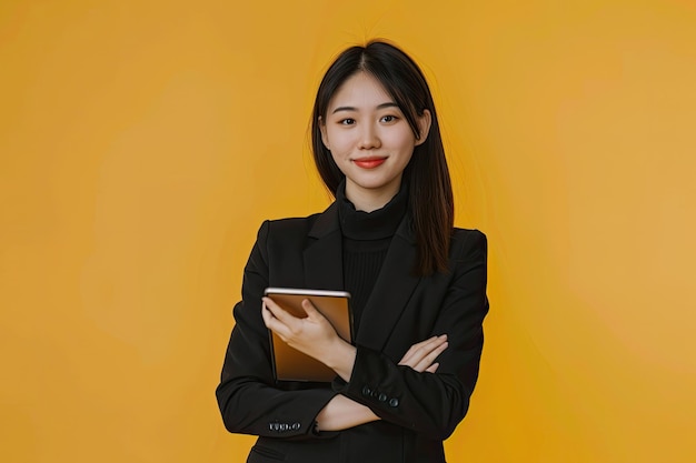 Casual Smart Asian Businesswoman Using Tablet and Smiling